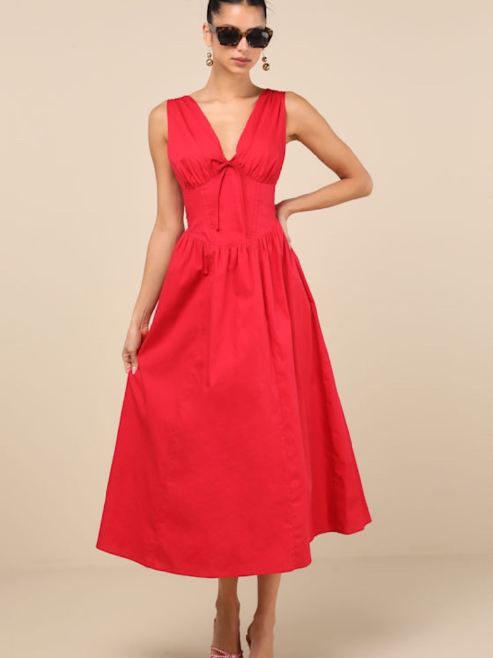 Lulus Lettie Red Poplin Plunge Neck Midi Dress - Size S